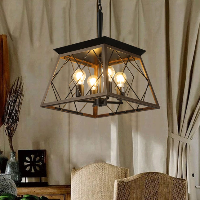 16" Walnut Industrial 4-Light Pendant Chandelier, Modern Metal Cage Design, Adjustable Hanging Light