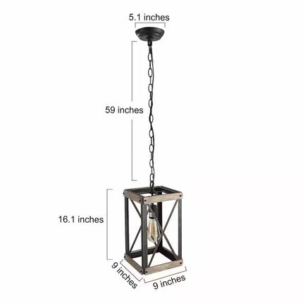 Black Rustic Wood Cage Pendant Light 1-Light Farmhouse Lantern Kitchen Island Pendant Lighting