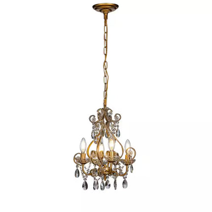 4-Light Antique Gold Crystal Candlestick Chandelier 13 In. Pendant Light with Teardrop Beads