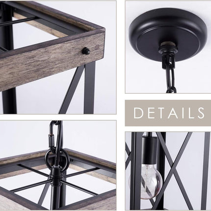 Farmhouse Pendant Light for Kitchen Island 1-Light Wood Pendant Hanging Lamp Black Metal Cage Pendant Lantern Lighting for Dining Room Kitchen Hallway