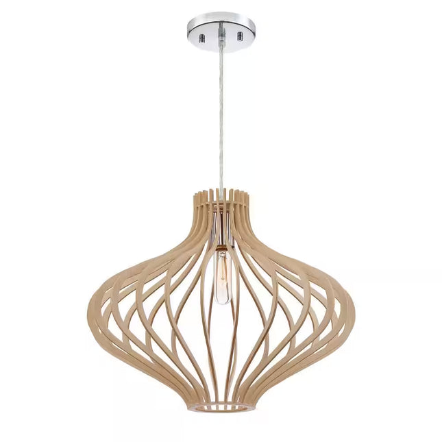 Sanaa 60-Watt 1-Light Kula Wood Tropical Pendant Light with Wood Shade and No Bulbs Included