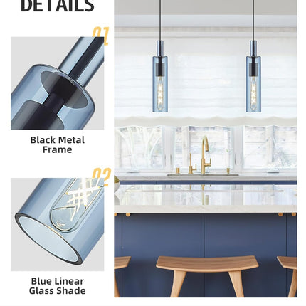Blue Pendant Lights, 1-Light Modern Pendant Lights Kitchen Island, Pendant Lighting with Navy Blue Glass, Linear Hanging Light in Metal Frame for Kitchen Island, Dining Room, H3875 BU