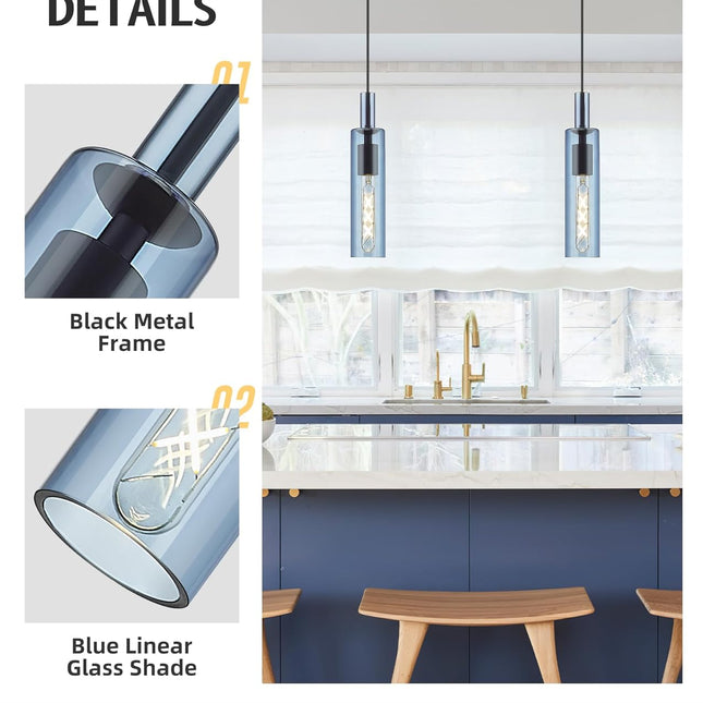 Blue Pendant Lights, 1-Light Modern Pendant Lights Kitchen Island, Pendant Lighting with Navy Blue Glass, Linear Hanging Light in Metal Frame for Kitchen Island, Dining Room, H3875 BU