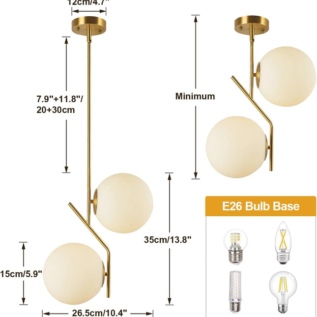 Mid Century Modern 2-Lights Globe Pendant Light Minimalist Brushed Gold Pendant Lighting Kitchen Island White Glass round Hanging Ceiling Lamp (Small)