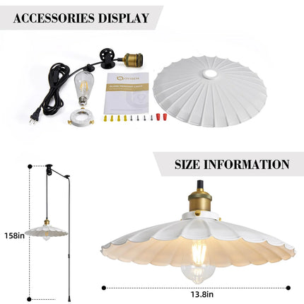 Hanging Lamp Plug in 13.8 Inch round Metal Shade Plug in Chandelier Vintage White Pendant Light for Kitchen Island Dome Industrial Hanging Light Living Room with Light Bulb