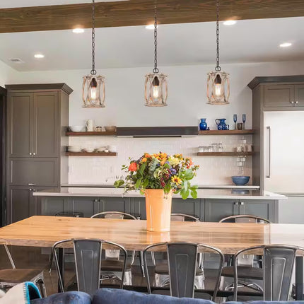 Farmhouse Wood Pendant 6 In. W 1-Light Brown Drum Cage Rustic Island Pendant Light for Kitchen, Living Room, Foyer