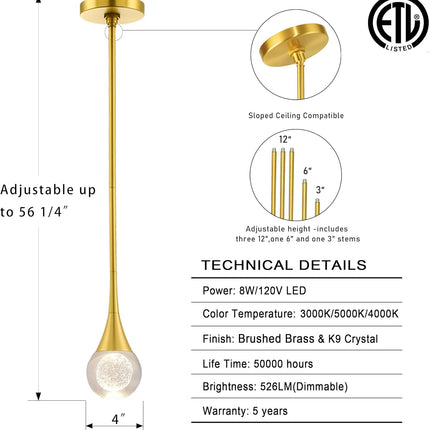 1-Light Gold Teardrop Crystal Pendant Light, 3-Color Temperature Dimmable Pendant Light Fixtures, 8W LED Modern Ceiling Light, Globe Pendant Lights Kitchen Island Bathroom Bedroom Bar