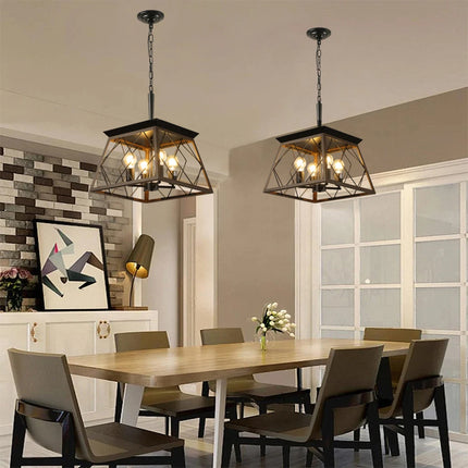 16" Walnut Industrial 4-Light Pendant Chandelier, Modern Metal Cage Design, Adjustable Hanging Light