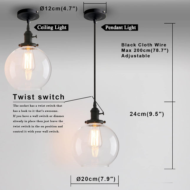 Hanging Pendant Light with 7.9" Clear Glass Shade Industrial Hanging Light Adjustable Black Vintage Pendant Light for Kitchen Island Hallway Porch Corridor Bedroom Dining Room