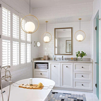 Mid Century Modern 1-Light Globe Pendant Light Large Brushed Gold Hanging Light Minimalist round Pendant Lighting White Glass Globe Ball Pendant Light Kitchen Island Lighting