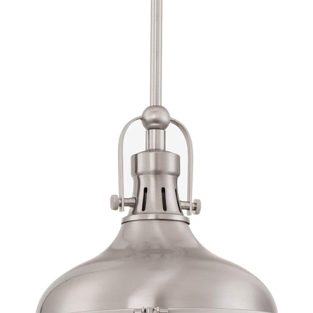 Beacon 11" Industrial Farmhouse Pendant Light with round Fresnel Glass Lens, Adjustable Hanging Height, Brushed Nickel Finish