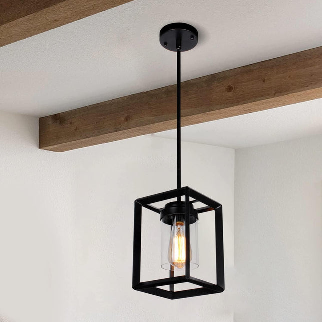 Farmhouse Pendant Light, 1 Light Black Cage Hanging Pendant Lighting Fixtures with Clear Glass Shade Modern Chandelier Ceiling Hanging for Kitchen Island,Dining Rooms,Hallway,Entryway