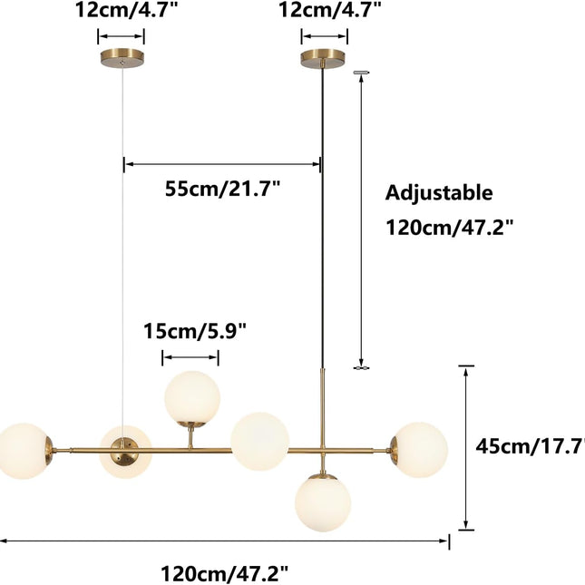Brass Gold 6-Lights Straight Pendant Light Fixture Mid Century Modern Linear Sputnik Chandelier Large Globe Kitchen Island Dining Pendant Lighting Milk Glass Globe Pendant Lamp