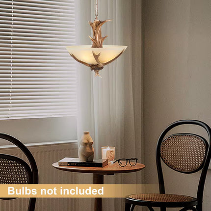 3-Light Brown Retro Resin Antler Pendant Light with Frosted Glass Bowl Shade