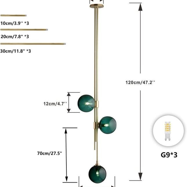 Modern 3-Light Pendant Light Fixture Green Globe Glass Chandeliers Ceiling Lights Brushed Gold round Ball Lighting Hanging Pendant Lamp for Bedroom Living Room Cafe Bar Shop Decoration (Green)