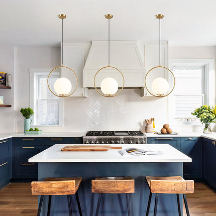 Modern Gold 1-Lights Globe Pendant Light Minimalist Single round Pendant Lighting Mid Century White Glass Ball Hanging Lamp Brushed Brass Kitchen Bathroom Pendant Light