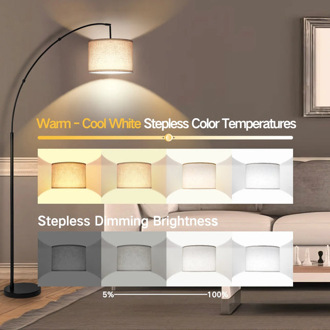 81" Arc Floor Lamp with Remote for Living Room, LED Dimmable Modern Standing Lamps with 4 Color Temperatures, Adjustable Linen Shade, Tall Light for Bedroom (Black+Beige Shade)
