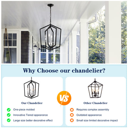 4-Light Farmhouse Kitchen Chandeliers, Matte Black And Sliver Vintage Rustic Cage Light Fixture Adjustable Height Chandeliers For Dining Room Hallway Foyer Entryway E12 Bulbs Not Included