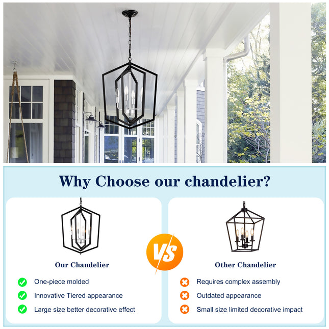 4-Light Farmhouse Kitchen Chandeliers, Matte Black And Sliver Vintage Rustic Cage Light Fixture Adjustable Height Chandeliers For Dining Room Hallway Foyer Entryway E12 Bulbs Not Included