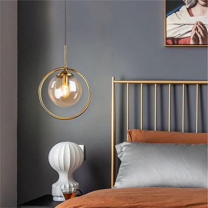 Modern 1-Light Globe Pendant Light Mid Century Amber Glass Ball Pendant Lighting Brushed Gold Single round Circle Hanging Lamp Kitchen Island Dining Room Pendant Light Fixture