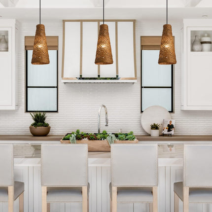 Woven Pendant Lighting, Modern Boho Brown Mini Pendant Lighting Fixture for Kitchen Dining Room Bedroom