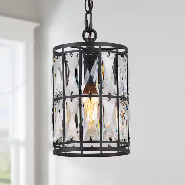 Cristallo Black Modern Coastal Mini Drum Pendant Light 1-Light Transitional Crystal Pendant Ceiling Light