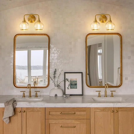 Gold Bathroom Light Fixture 2-Lights Vanity Lighting Clear Glass Shade Wall Sconce Mid-Century Modern Design Dimmable