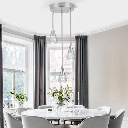 3-Light LED Pendant Light, Dimmable Crystal Pendant Lighting Ceiling Hanging Light Teardrop Pendant Light Fxiture for Kitchen Dining Room Bedroom 6000K Cool White Brushed Nickel