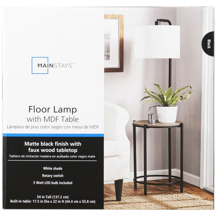 54-Inch Mid-Century Style Floor Lamp, with Faux Wood Finished Table