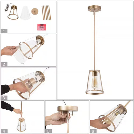 1-Light Gold Modern Pendant Lighting Contemporary Hanging Light Fixture with Clear Glass Shade for Kitchen Foyer Hallway
