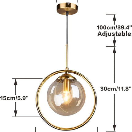 Modern 1-Light Globe Pendant Light Mid Century Amber Glass Ball Pendant Lighting Brushed Gold Single round Circle Hanging Lamp Kitchen Island Dining Room Pendant Light Fixture