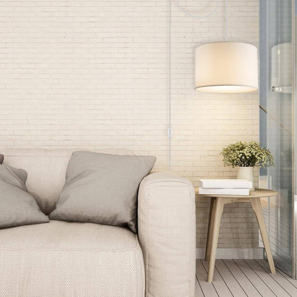 Sutton 1-Light White Fabric Shade Plug-In or Hardwire Pendant Lighting with 15 Ft. Cord