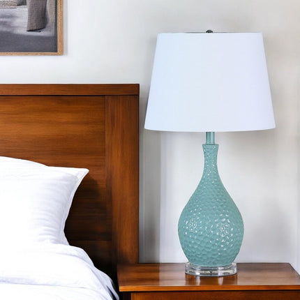 28" Aqua Hammered Urn Table Lamp With White Tapered Drum Shade