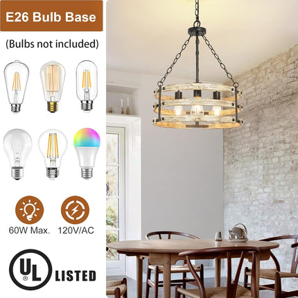 DLLT 3-Light Farmhouse Chandelier Light Fixtures, Rustic Drum Hanging Pendant Lighting, Semi Flush Mount Ceiling Light for Dining Room Kitchen Entryway Foyer Hallway, Black Metal Finish, E26 Base