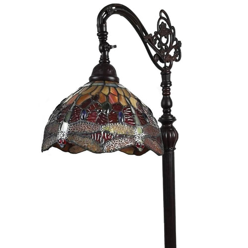 61" Black And Red Torchiere Floor Lamp With Red Dragonfly Glass Dome