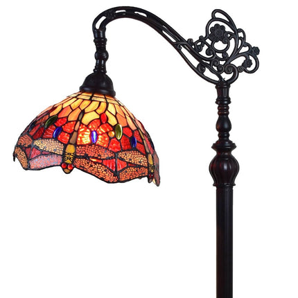 61" Black And Red Torchiere Floor Lamp With Red Dragonfly Glass Dome