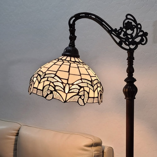 62" Brown Metal Arched Floor Lamp With White Geometric Stained Glass