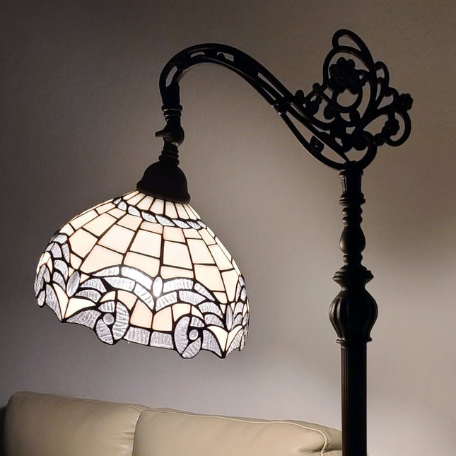 62" Brown Metal Arched Floor Lamp With White Geometric Stained Glass