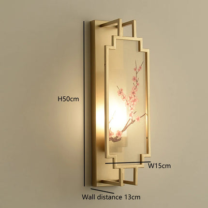 Chinese Zen Style Rectangular Wall Lamp Iron Living Room Tv Background Wall Lamp Bedroom Corridor Decoration Flower Bird Lamp