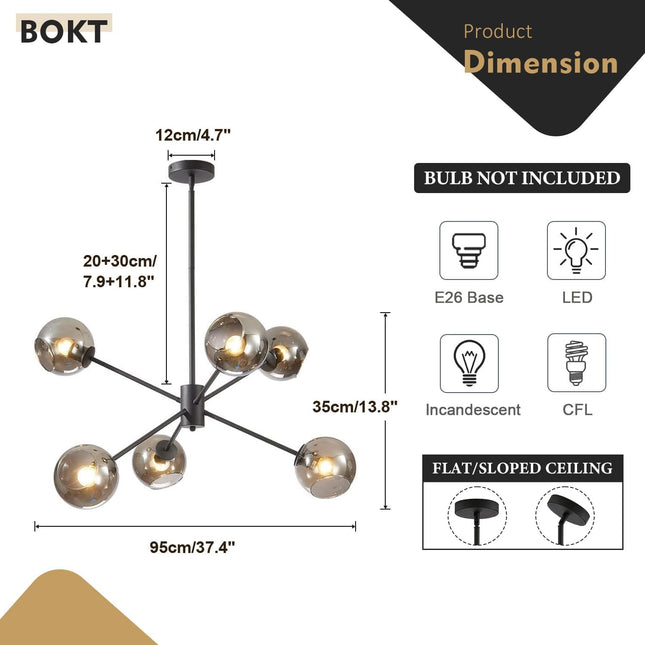 6 Lights Modern Glass Globe Sputnik Chandelier Mid Century Matte Black Sputnik Pendant Light Fixture Adjustable Vintage Large Smoke Gray Ball Chandelier Pendant Light for Kitchen Living Room