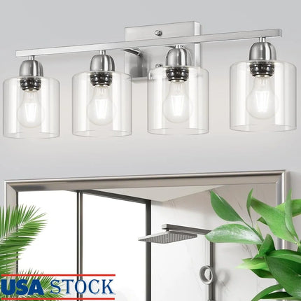 Brushed Nickel Bathroom Vanity Light 4 Bulb Over Mirror Fixture Glass E26 Socket Modern Style Elegant Home Decor