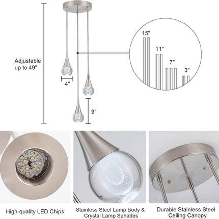 3-Light LED Pendant Light, Dimmable Crystal Pendant Lighting Ceiling Hanging Light Teardrop Pendant Light Fxiture for Kitchen Dining Room Bedroom 6000K Cool White Brushed Nickel
