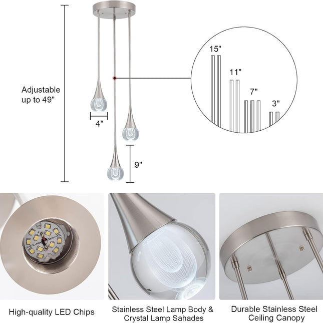 3-Light LED Pendant Light, Dimmable Crystal Pendant Lighting Ceiling Hanging Light Teardrop Pendant Light Fxiture for Kitchen Dining Room Bedroom 6000K Cool White Brushed Nickel