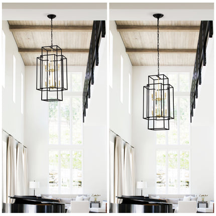 8-Light Metal Lantern Tiered Pendant Hanging Light Fixtures, Industrial Farmhouse Adjustable Height Chandeliers For Dining Room Hallway Foyer Entryway--Matte Black & Gold E12 Bulbs Not Included