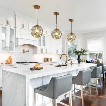 Modern Large 1-Light Globe Pendant Light Mid Century Gold Hanging Pendant Light Fixture Kitchen Island Amber Glass Ball Pendant Lamp Single Single Pendant Lighting (9.8”-Amber)
