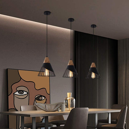 Modern Black Pendant Light over Kitchen Island, Adjustable Wood Hanging Light Fi