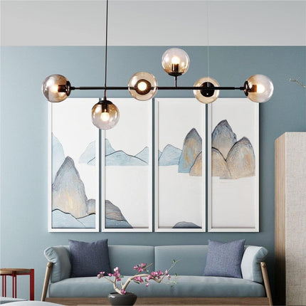 Modern 6-Light Hanging Light Glass Ball Pendant Light Kitchen Island Linear Pendant Light Dining Room Chandelier for Iving Room Dining Hall