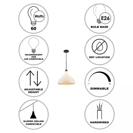 1-Light Black Pendant Light Fixture with Natural Woven Rattan Basket Shade