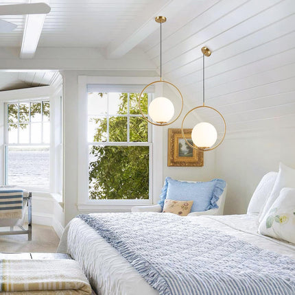 Mid Century Modern 1-Light Globe Pendant Light Large Brushed Gold Hanging Light Minimalist round Pendant Lighting White Glass Globe Ball Pendant Light Kitchen Island Lighting