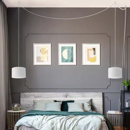 Sutton 1-Light White Fabric Shade Plug-In or Hardwire Pendant Lighting with 15 Ft. Cord